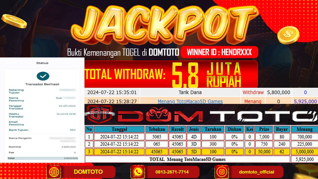 JACKPOT MENANG TOTO MACAU 22 JULI 2024